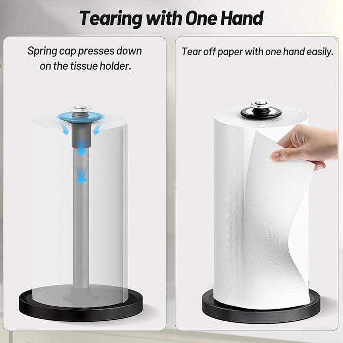 VEHHE Paper Towel Holder Countertop, Black Paper Towel Holder Stand with Spring Damping for Kitchen Bathroom, One Hand Tear Paper Stainless Steel Paper Towel Holder with Weighted Base and Suction Cups