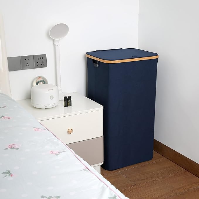 efluky Laundry Basket with Lid and Removable Bag, 100L Tall Laundry Hamper with Bamboo Handles, Aesthetic Dirty Clothes Bin for Laundry Room, Bathroom, Bedroom and Dorm, Blue