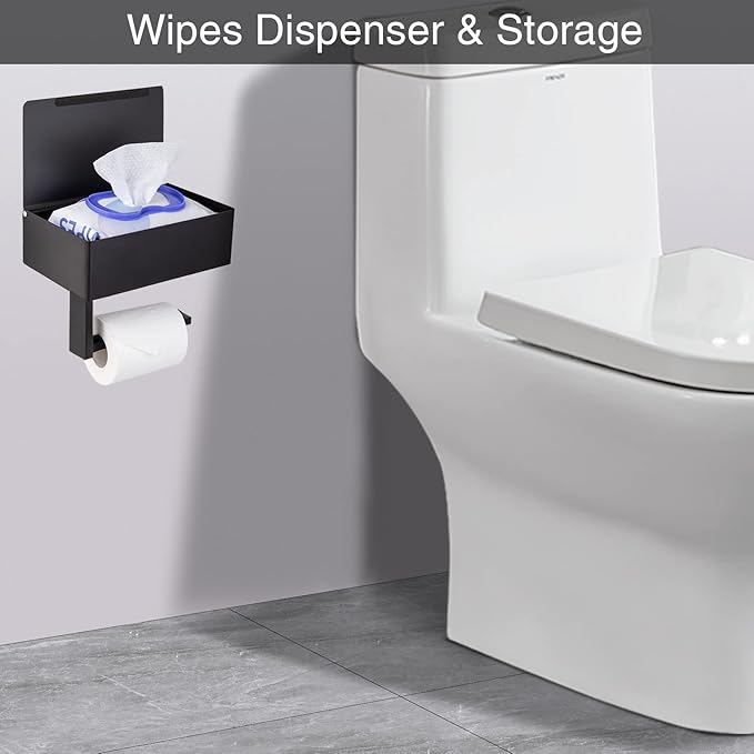 Adhesive Toilet Paper Holder with Shelf and Storage, Wall Mount Toilet Paper Roll Holder & Flushable Wipes Dispenser Set Fits Any Bathroom, Stainless Steel Tissue Holder-Square, Matte Black