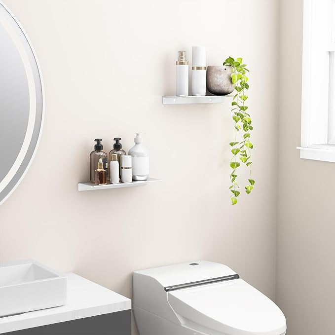 Danpoo 12 inch Metal Floating Shelves for Wall Organizer & Storage, Display Shelves for Bathroom, Living Room, Kitchen, Bedroom(Silver, 2-Pack)