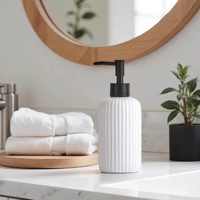 Hand Soap Dispenser Bathroom Accessories, 15oz Ceramic Dish Soap Dispenser for Kitchen Sink, Refillable Liquid Pump Bottle for Shampoo, Lotion, Conditioner, Black White Bathroom Decor