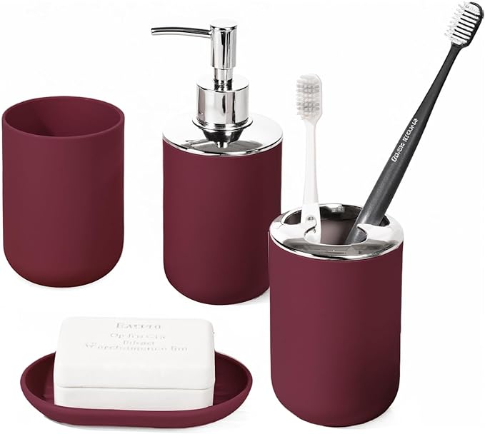 Bathroom Accessory Set, 4 Pcs Plastic Bathroom Set Include Soap Dispenser, Soap Dish, Toothbrush Holder, Mousewash Cup, Modern Bahtroom Décor Set, Space Save for Bathroom(Burgundy)