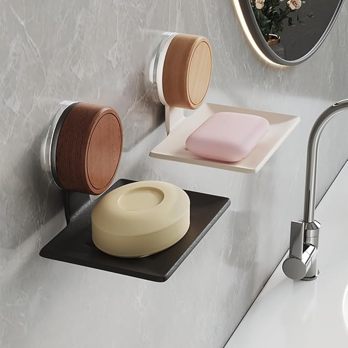 Soap Dish, Walnut and Stainless Steel, Soap Bar Holder for Shower Suction Cup Wall Mounted, No-Drilling Waterproof Sponge Holder (Black)