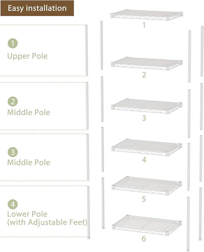 SINGAYE 6 Shelves Storage Shelf Wire Closet Bathroom Organizers Metal Pantry Kitchen Small Garage Shelving Unit Laundry Room Organization Home Corner Rack Estantes para Cocina White 10" Dx16 Wx60”H