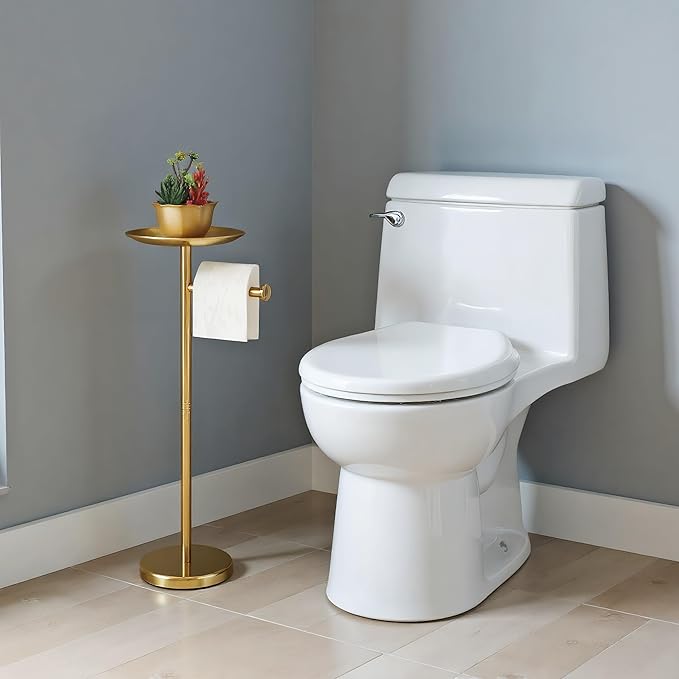 Toilet Paper Holder Stand Gold with Shelf on Top, Sturdy TP Roll Holder Floor Standing, Stainless Steel Base (Gold)