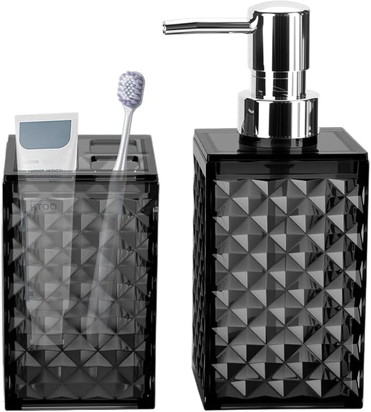 Bathroom Accessories Set 2 PCS, Black Bathroom Accessories Include Soap Dispenser and Toothbrush Holder, Diamond Pattern Bathroom Set for Boho Bathroom Decor