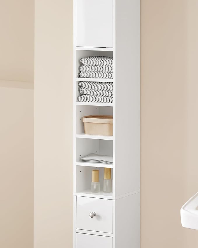 Haotian Bathroom Skinny Tall Storage Cabinet, Slim Stand Narrow Tower Cabinet with Adjustable Shelves for Small Spaces, White BZR167-GW