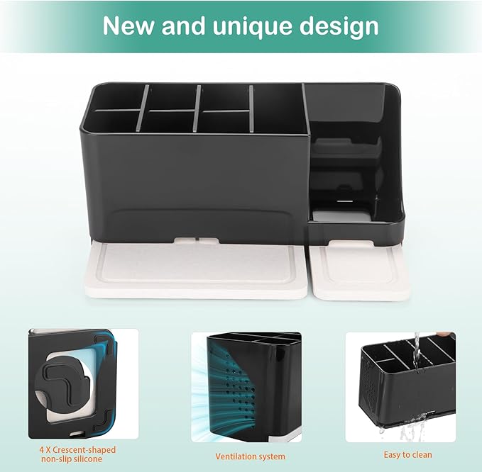 YONGAIJIA Toothbrush Holder for Bathroom Organizer with Diatom mud Board，Detachable 8 Slots Kids Electric Toothbrush Holder and Toothpaste Stand for Countertop Accessories Storage (Black)