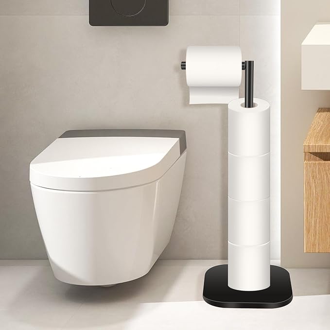 Toilet Paper Holder Stand Freestanding - Matte Black Stainless Steel Bathroom Storage Organizer - Non-Slip Rust Proof Tissue Roll Dispenser for Bathroom
