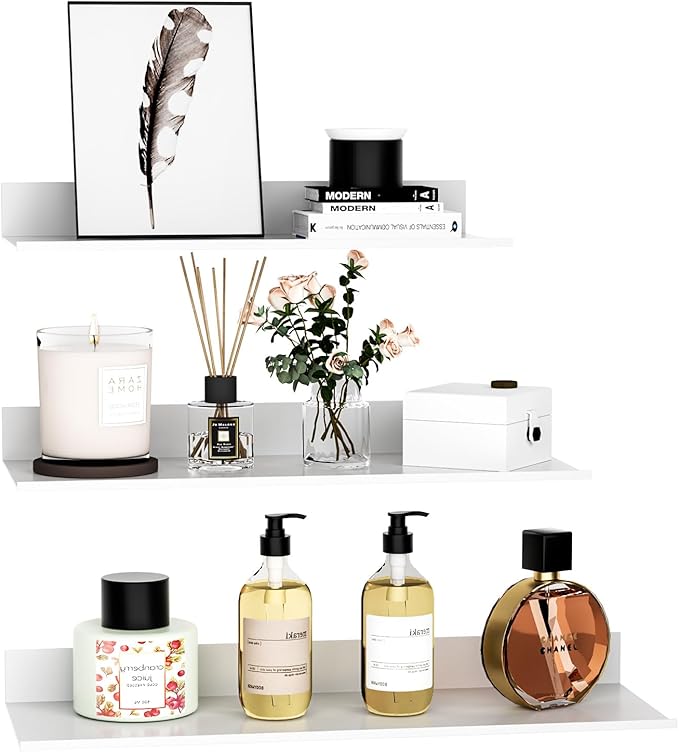 Wisfame White Floating Wall Shelves for Bedroom, Modern Bathroom Shelves Wall Mounted No Drilling Set of 3, Metal Small Decor Floating Shelf for Living Room Office