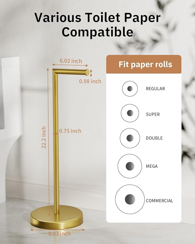 BWE Bathroom Toilet Paper Holder Stand Brushed Gold SUS304 Stainless Steel RV Modern Freestanding Toilet Paper Roll Holder for Bathroom and Washroom with Heavy Weighted Base