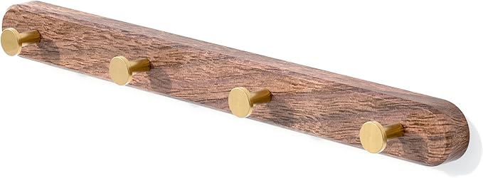16 Inch Walnut Wood Wall Mounted Coat Rack with 4 Golden Round Hooks, Adhesive Mounted Entryway Hooks, Modern Natural Wooden Pegs for Hanging Coat Clothes Hat Bag Purse Key and Towel