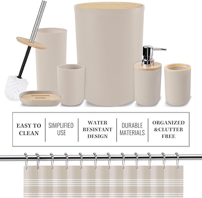 Britimes Bathroom Accessories Sets, Boho Shower Curtain Set with Trash Can, Soap Dispenser, Toilet Brush Holder, Toothbrush Holder and Toothbrush Cup for Bathroom Decor (Beige)
