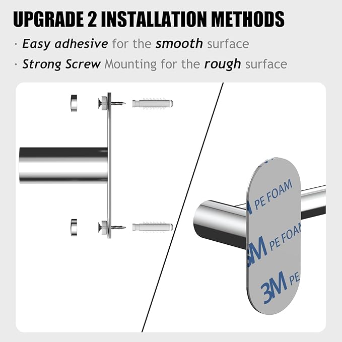Towel Bar, Adjustable 14.4inch - 25.2inch Towel Rack, Self Adhesive & Wall Mounted for Bathroom Kitchen Hand Towel Holder Cloths Hanger SUS 304 Stainless Steel Single Bar (4, Chrome)