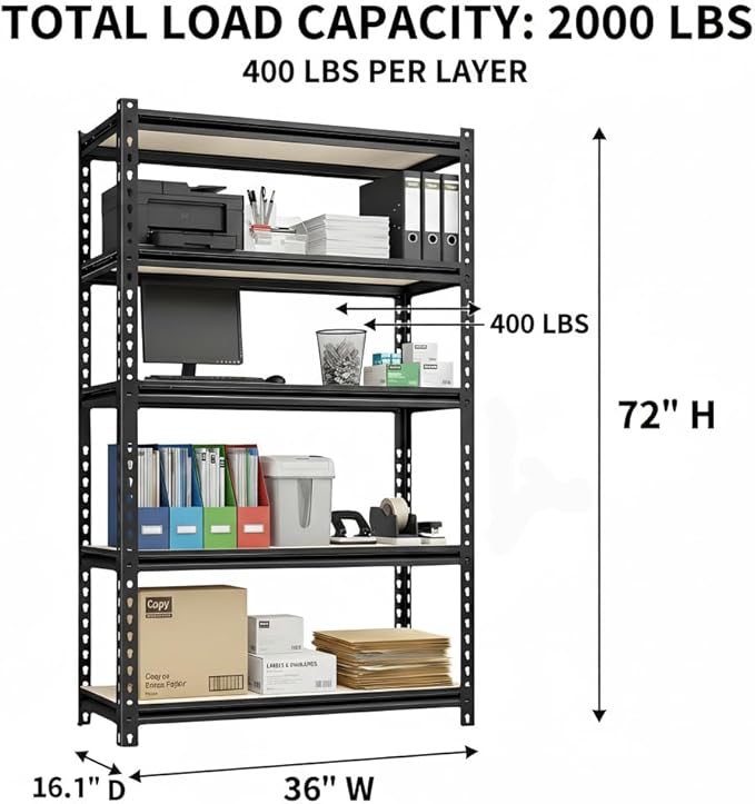 Adjustable Shelves Heavy Duty Storage Shelving Unit Black Steel for Office Garage Classroom Warehouse Studio 72" H x 36" W x 16.1" D 2000LBS 5-Tier