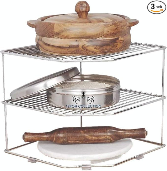 Stainless Steel 3-Tier Countertop Storage Rack For Corners, Multipurpose Stainless Steel Kitchen Plate Dish Corner Shelf Rack Stand Holder, Corner Shelf Organizer, Kitchen Organizers
