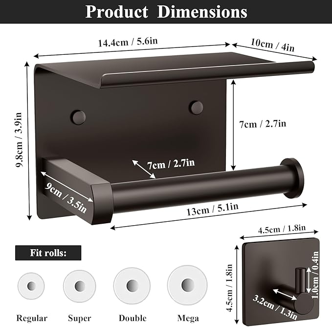 Tindbea Toilet Paper Holder with Phone Shelf + Towel Robe Hooks, Adhesive or Screw Wall Mounted Toilet Paper Roll Storage Dispenser, Stainless Steel Bathroom Tissue Roll Holder (Bronze)