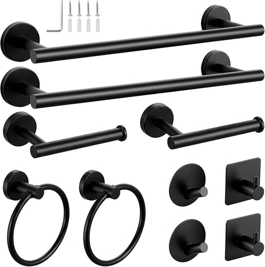 10-Pieces Matte Black Bathroom Accessories Set, 16 Inch Bath Towel Bar Set, SUS 304 Stainless Steel Hardware Set, Towel Racks, Hand Towel Holder, Black Shower Sets for Bathroom Decor Wall Mounted