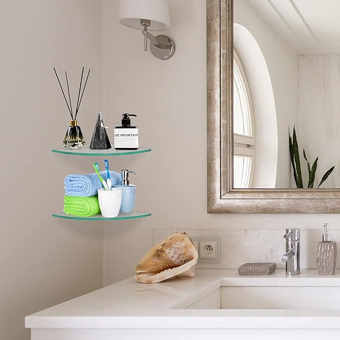 2 Pcs Tempered Glass Corner Shelf with 8 Brackets, 9.5" x 9.5" Floating Shower Caddy, Wall Mounted Shampoo Holder Organizer for Bathroom, Kitchen, Living Room