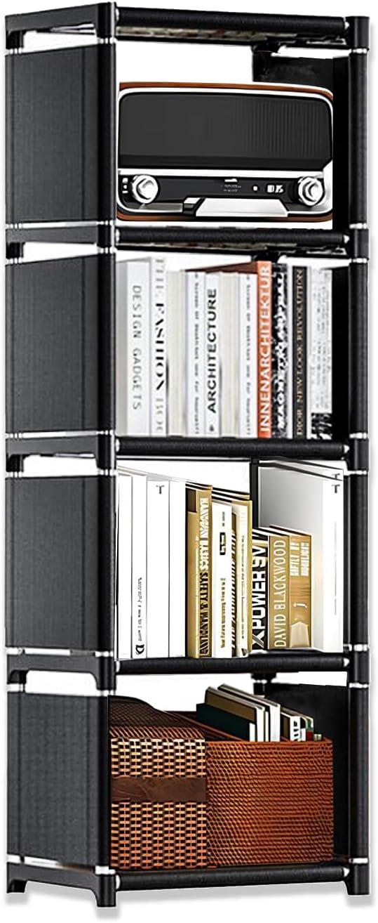 4-Cube Storage Organizer Shelf – Tool-Free Assembly Cube Bookcase for Bedroom, Closet & Small Spaces, Bookshelf Organizer for Kids’ Clothes & Nursery, Black (Black)