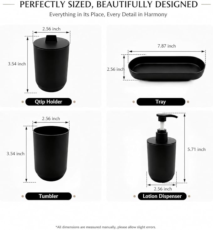 4-Piece Bathroom Accessories Set, Matte Black Plastic Countertop Organizer with Lotion Soap Dispenser, Tumbler, Cotton Swab Cup & Vanity Tray – Modern Bathroom Decor for Home