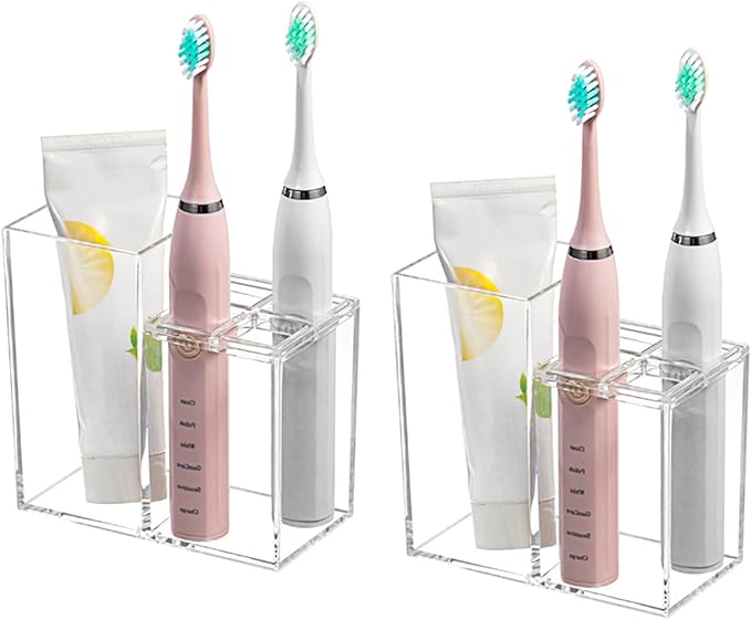 Acrylic Toothbrush Holders for Bathrooms, 5 Slots Clear Toothpaste Organizer Removable Compartment Bathroom Accessories Storage Toothbrush Stand for Vanity Countertop(2 pcs)