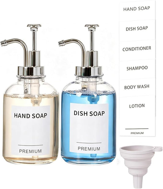 12oz Dish Soap Dispenser for Kitchen, Hand Glass Soap Dispenser Set with Pump, Tray, Funnel for Bathroom, Shower, Laundry, Liquid, Lotion (Silver 2 Pack Clear Bottles with 12 Stickers)