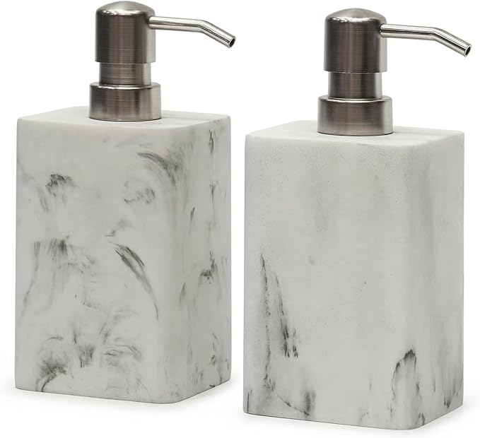 2Pcs/Set Resin Marble Style Soap Dispenser Sets -15oz Luxury Bathroom & Kitchen Dispenser with No-Leak Pump, Refillable for Soap/Lotion, Dish Hand Wash Shower Lotion Shampoo (White)