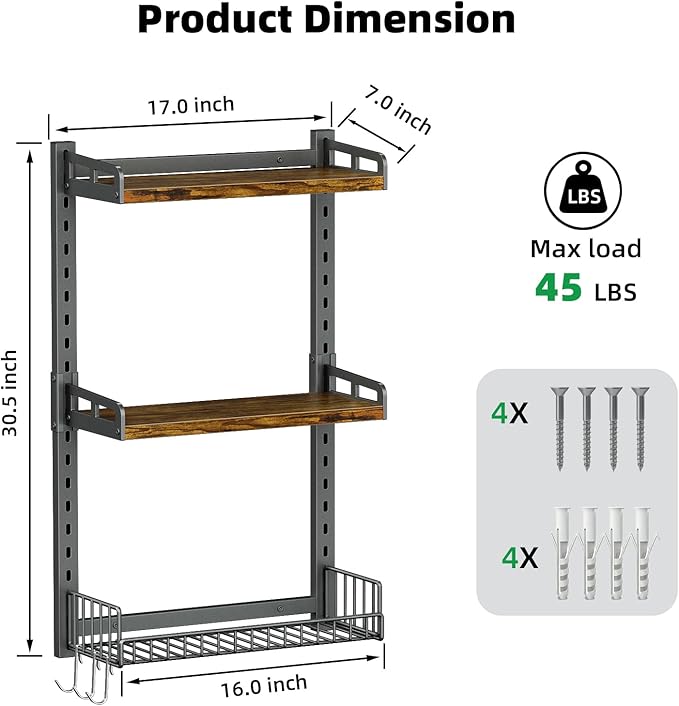 Kalrin 3 Tier Bathroom Shelves Over Toilet - Wall Mounted Floating Shelves with Drain Basket, Toilet Paper Storage, Height Adjustable Over The Toilet Storage, Vintage Brown