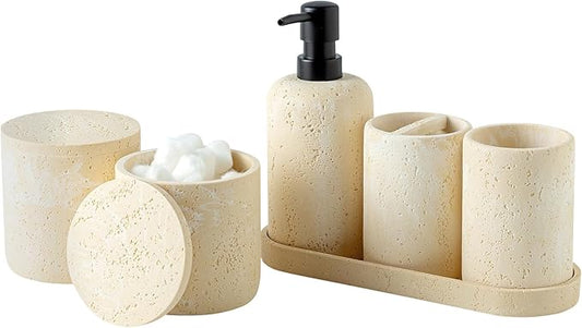 Bathroom Accessories Set, Travertine Stone-Look, 6 PCS Bathroom Accessory Set with Soap Dispenser, Toothbrush Holder, Tumbler, Vanity Tray, Cotton Swab Jars for Countertop (Yellow)