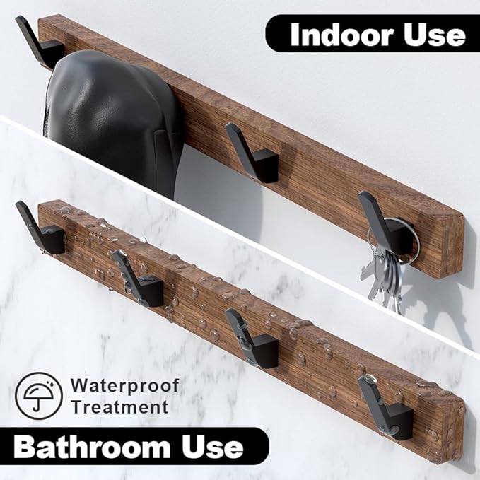 17 Inch Walnut Wood Wall Mounted Coat Rack with 4 Black Hooks, Adhesive Mounted Entryway Hooks, Modern Natural Wooden Pegs for Hanging Coat Clothes Hat Bag Purse Key and Towel