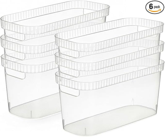 Tribello Modern Narrow Organizer Storage Bin, Slim Clear Plastic Household Storage Container for Kitchen Pantry storage, Under Sink Bin, Bathroom/Laundry Room - 6 Pack (Narrow - 15” X 6” X 6”)