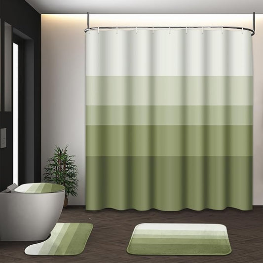 Striped Green Shower Curtain Set with Toilet Lid Cover and Non-Slip Rugs for Bathroom, Minimalist Neutral Ombre 4 Pcs Shower Curtain, Modern Bathroom Set with 12 Hooks