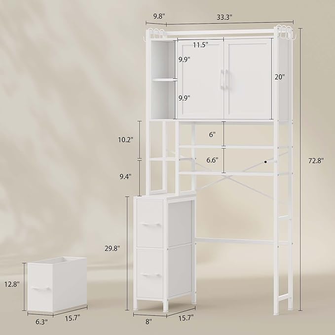7-Tier Over the Toilet Storage Cabinet with 2 Large Drawers & 6 Hooks, Over the Toilet Storage with Toilet Paper Holder, Bathroom Over Toilet Storage for Bathroom, Laundry Room, White