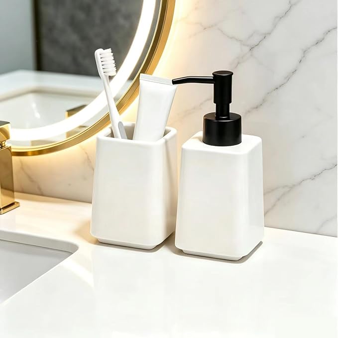 White Bathroom Accessories Set 2Pieces,Ceramic Soap Dispenser and Toothbrush Holder,Modern Decor Bath Set with Toothbrush Cup