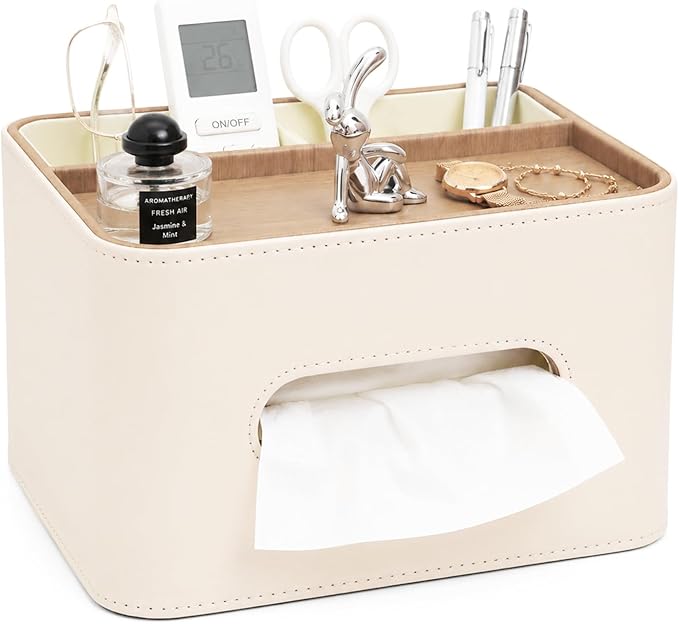 Tissue Box Cover Rectangle with Storage Organizer,PU Leather White Tissue Box Cover for Bathroom, Night Stands,Office Desk,Living Room, Decorative Tissue Holder,Compact Size for car Tissue Refills