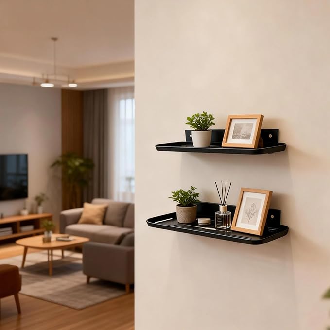 ACEXINYAN Wall Mounted Floating Shelf, Self Adhesive Shelf, No Drill Adhesive Wall Shelf, Floating Shelves Damage-Free Expand Walls Space for Living Room Kitchen Bathroom (2, Black)