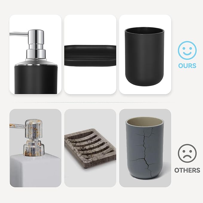 Black Bathroom Accessories Set 4 PCS, Black Bathroom Accessories, Plastic Soap Dispenser and Toothbrush Holder Set, Soap Dish and Mouthwash Cup, Boho Bathroom Decor, Bathroom Set