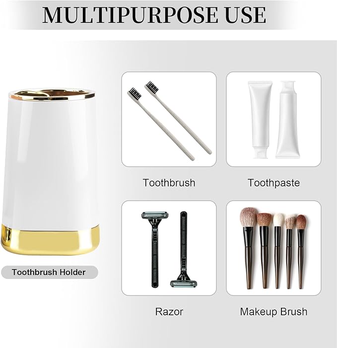 Bathroom Accessories Set, 2Piece White and Gold Bathroom Accessories Include Soap Dispenser and Toothbrush Holder for Modern Bathroom Decor