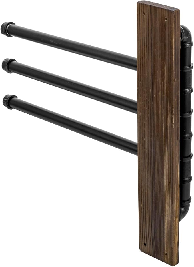 MyGift Swivel Towel Rack, Wall Mounted Towel Holder with 3 Tier Industrial Metal Pipe Towel Bars, Wooden Base Rustproof Swing Out Towel Hanger for Bathroom, Kitchen, Pool (Brown)