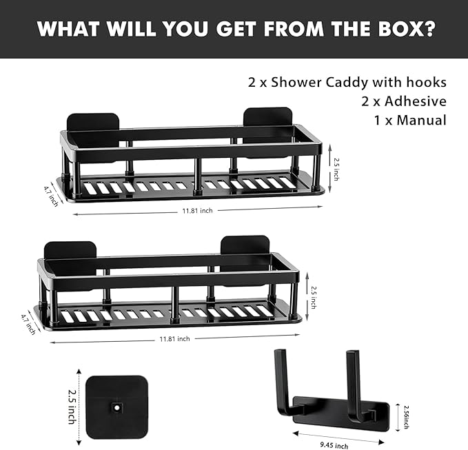 Corner Shower Caddy, 2 Pack No Drill Adhesive Shower Storage Shelves, Wall Mounted Bathroom Organizer Shelf with 2 Removable Hooks for Bathroom Kitchen