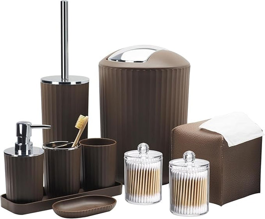 Bathroom Accessory Set - 10 Piece Brown Bathroom Accessories Set with Trash Can, Toothbrush Holder and Cup, Soap Dispenser, Soap Dish, Toilet Brush Holder, Vanity Tray, Qtip Holder, Tissue Box Cover