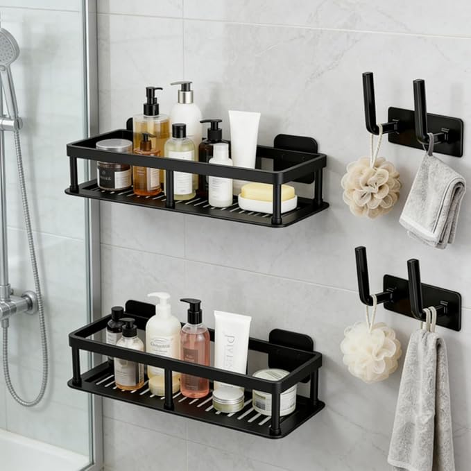 ACEXINYAN Shower Caddy Adhesive, Self-Adhesive Bathroom Shelves Basket, 2 Pack Large Capacity Shower Shelve with Hook Rack, No Drilling Bathroom Organizers and Storage for Home Decor (4, Black)