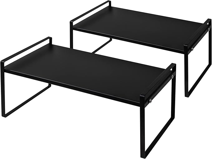 Nxconsu 2 Pack Cabinet Shelf Organizer 16.1"x8.3"x7.3" Black, Stackable Kitchen Counter Shelf Riser, Heavy Duty 3mm Steel Storage Rack for Pantry Cupboard Bathroom Under Sink, 50lbs Capacity, Non-Slip