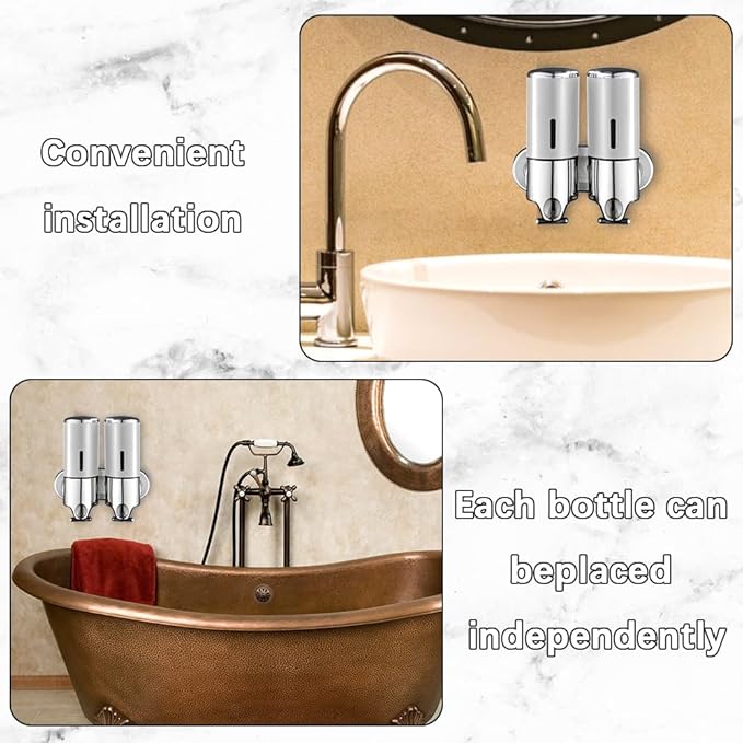 2 Chamber Wall Mounted Bathroom Shower Pump Dispenser and Organizer-Holds Shampoo, Soap, Conditioner, Shower Gel, for Bathroom Kitchen Hotel (Silver 2 Chamber)