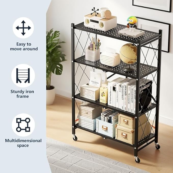4 Tier Foldable Storage Shelves with Locking Wheels, Assembled Rolling Shelving for Kitchen, Pantry, Closet & Laundry Room, Space-Saving Organizer, 28.5" L x 14.2" W x 46.1" H