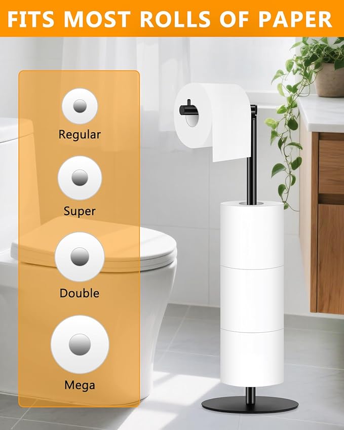 Toilet Paper Holder Stand, Bathroom Toilet Paper Stand with Shelf Hold 4 Paper Rolls, Free Standing Toilet Roll Storage Holder with Reserve, Black, Housen Solutions