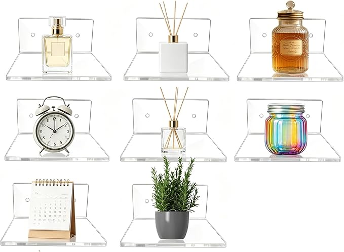 Acrylic Wall Shelves,Clear Floating Shelves for Display (8 Pieces with Holes)