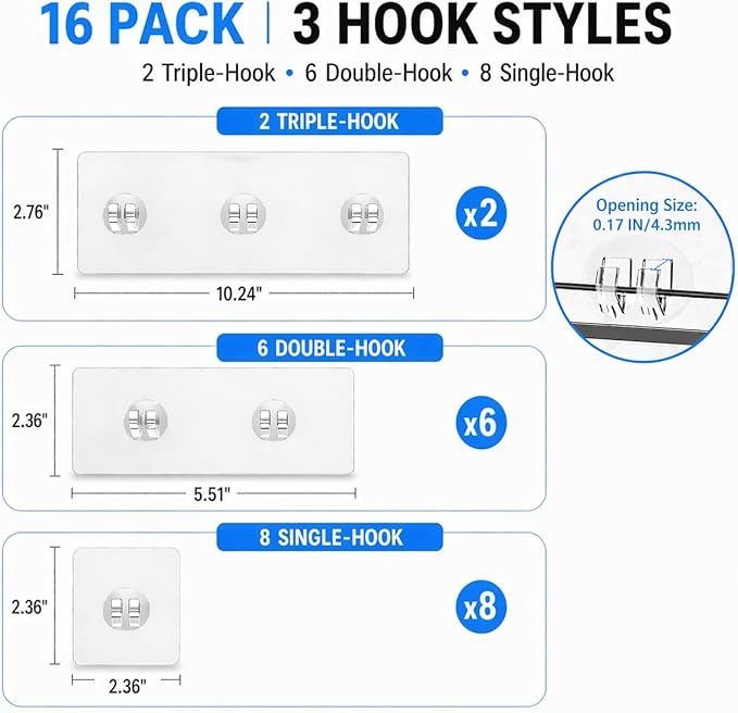 16 Pack Shower Caddy Adhesive Replacement Hooks, Waterproof No Drill Sticky Strips, Clear Transparent 3 Sizes for Shower Shelf, Soap Holder, Bathroom Organizer Basket and Kitchen Rack