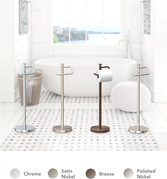 Gatco 1435PN Freestanding Toilet Paper Holder, 23.68” H, Polished Nickel | Toilet Tissue Roll Holder Stand with Weighted and Padded Base for Bathroom
